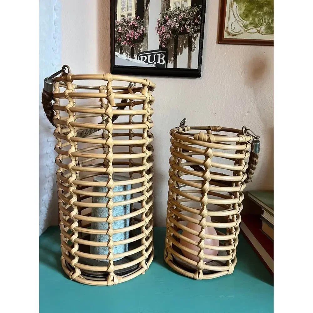 Set of 2 Coastal Woven Lantern Baskets / Candle Holders